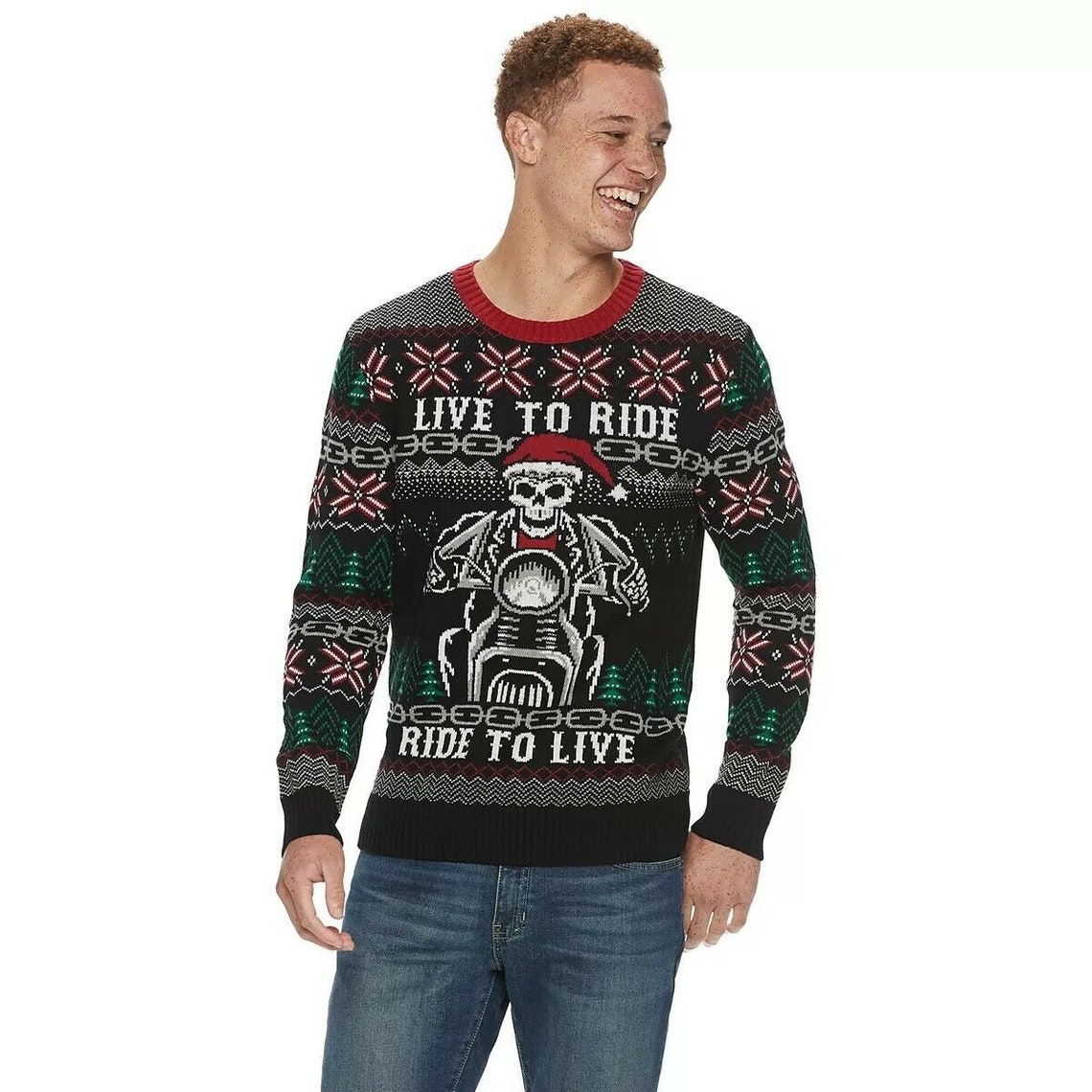 Mens Ugly Christmas Sweater Black Skeleton Live To Ride Etsy España