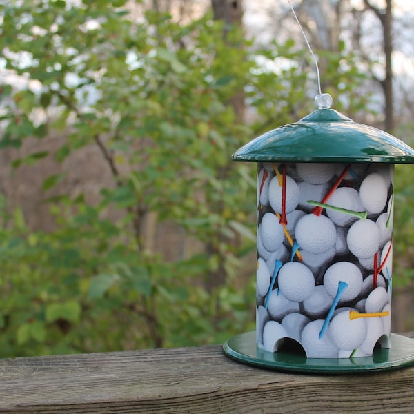 Custom Golf Lovers PVC Bird Feeder by BFG Featuring Balls and Tees.  Perfect for the hard to buy for Golf Lover on your list!  Turf Green