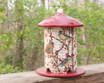 Birds & Berries Custom PVC Bird Feeder by BFG.  Features Cardinals and Chickadees on Autumn Branches.  Loved By Birds and Bird Lovers!