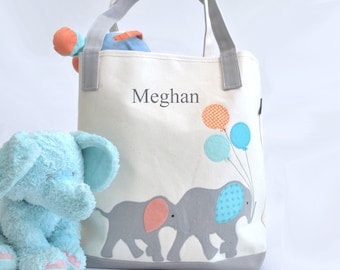 Large Elephant Tote |Personalized Tote |Elephant Nursery |Elephant baby shower gift |Toddler Tote Bag |Kids Library bag |Preschool tote bag