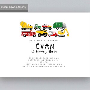 May include: A birthday invitation for a boy named Evan turning three. The invitation features a colorful illustration of various construction vehicles, including a cement mixer, a tractor, a monster truck, a garbage truck, a fire truck, a dump truck, a tow truck, and an excavator. The text "Calling all trucks!! Evan is turning three" is written in black on a white background. The invitation also includes details about the party, such as the date, time, and location.