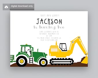 Tractor and Digger truck Invitation Digital file , Construction Birthday Party Invitation, Boys invitation, Excavator Invite, Tractor invite