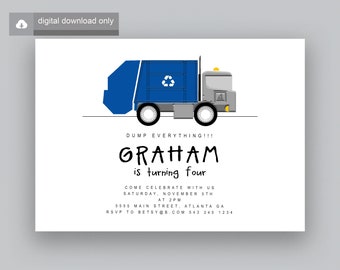 Blue Garbage truck Invitation Digital file, Trash truck Birthday Party, Garbage truck party theme, Recycle truck, Garbage Party theme