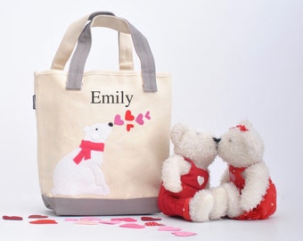 Small Polar bear heart tote, Valentine bag, valentine gift, valentine, kids valentine, personalized valentine