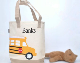 School Bus Tote | Personalized Tote Bag |Kids Tote Bag|Boys Tote Bag|Kids Library Bag|preschool tote|Gifts for Grand Kids|