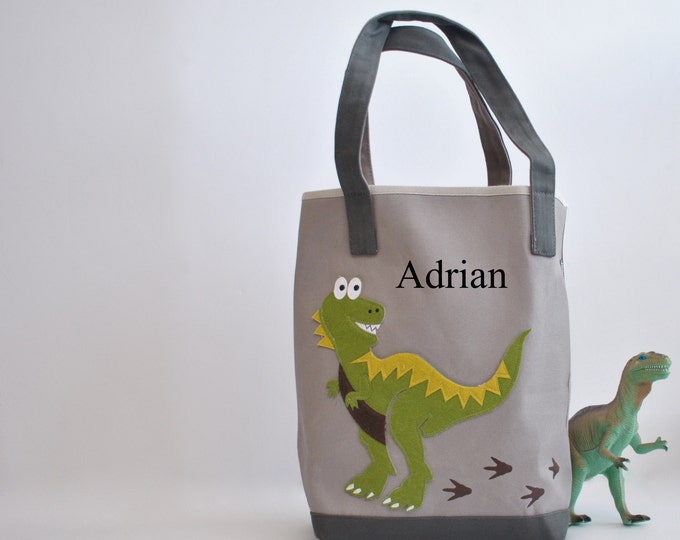 Gray Dinosaur Tote Bag|Personalized Kids Tote| Dinosaur party| Kids Beach tote|T-rex Tote |Toddler Tote Bag| Preschool Tote|Library book bag