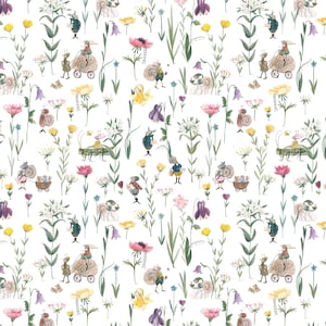 Könnte beinhalten: Ein skurriles Aquarellmuster mit einer Vielzahl von Wildblumen in Rosa, Gelb und Lila, durchsetzt mit charmanten Illustrationen von Insekten und kleinen Kreaturen. Das Design umfasst Schnecken, Heuschrecken und andere skurrile Charaktere.