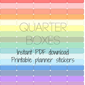Könnte beinhalten: Ein bedruckbarer Planer-Aufkleberbogen mit einem Regenbogen an Farben und dem Text "QUARTER BOXES Sofortiger PDF-Download Druckbare Planer-Aufkleber".