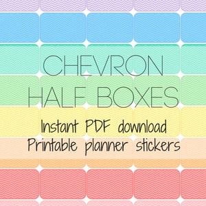 Könnte beinhalten: Ein digitaler Download von druckbaren Planer-Aufklebern mit einem Chevron-Muster in einem Regenbogen von Farben. Der Text "CHEVRON HALF BOXES Instant PDF download Printable planner stickers" ist auf dem Bild zu sehen.
