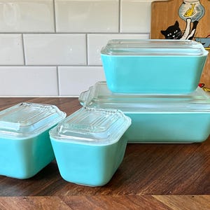 1950s Pyrex Turquoise Blue Mid Century Kitchen 4 Piece