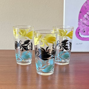 Set of 3 Vintage Hazel Atlas Retro Pattern Glasses black yellow blue