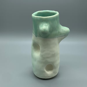 Puede incluir: Un jarrón de cerámica hecho a mano con una forma orgánica única. La parte superior es de un verde mar suave, mientras que la parte inferior es de color blanco crema. El jarrón presenta dos aberturas circulares y un elemento lateral que sobresale.