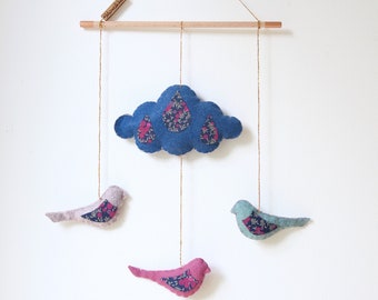 Baby mobile - felt - Cloud with birds - blue, marine, plum, gray, green, celadon - For baby - nursery