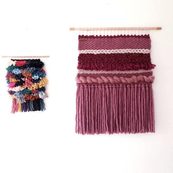 Tissage mural en laine - woven wall hanging - rose, prune, mauve