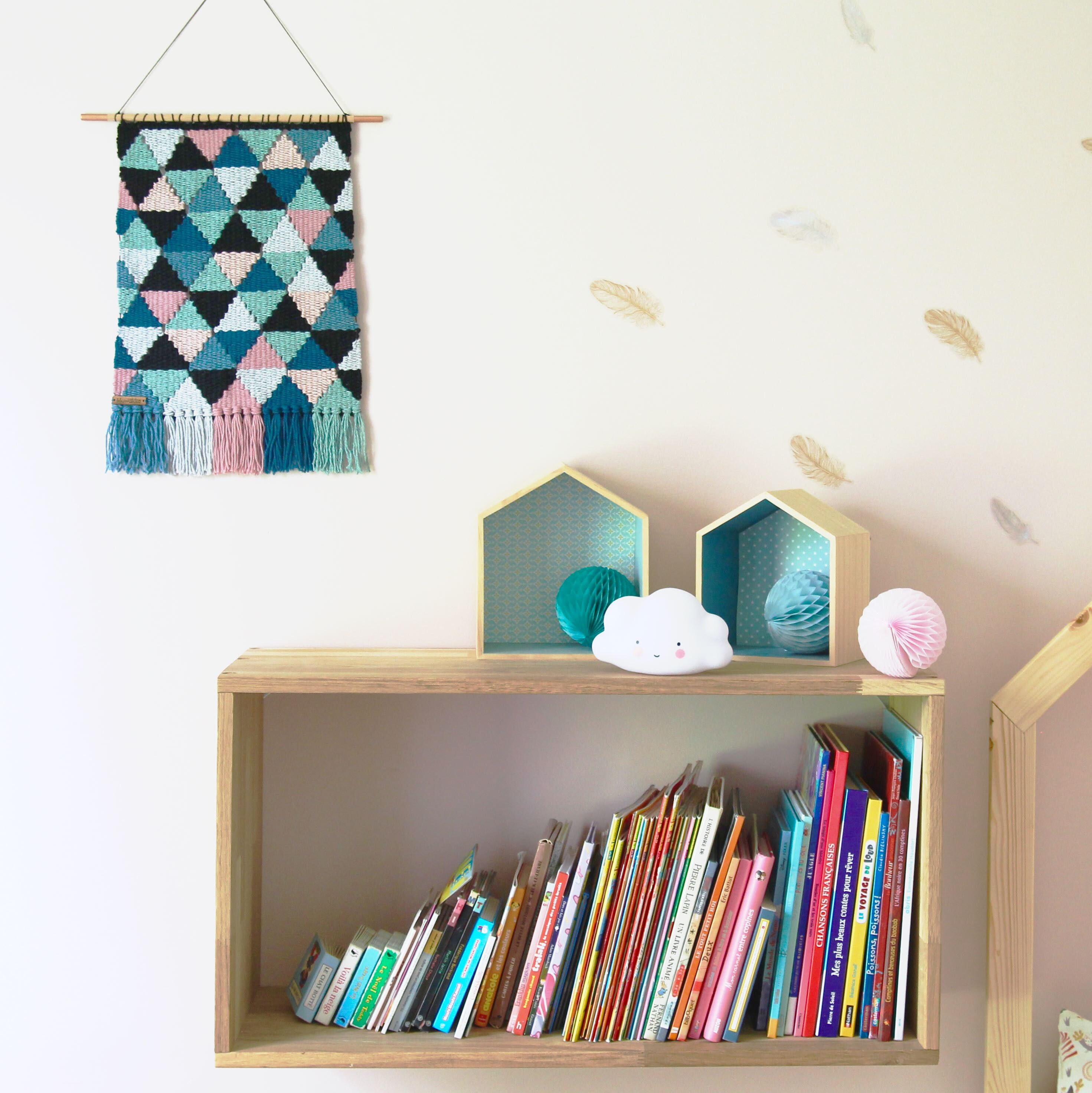 Tissage Mural | Décoration Murale/Wall Hanging Tapisserie Moderne - Triangles Gris, Vert Céladon, No