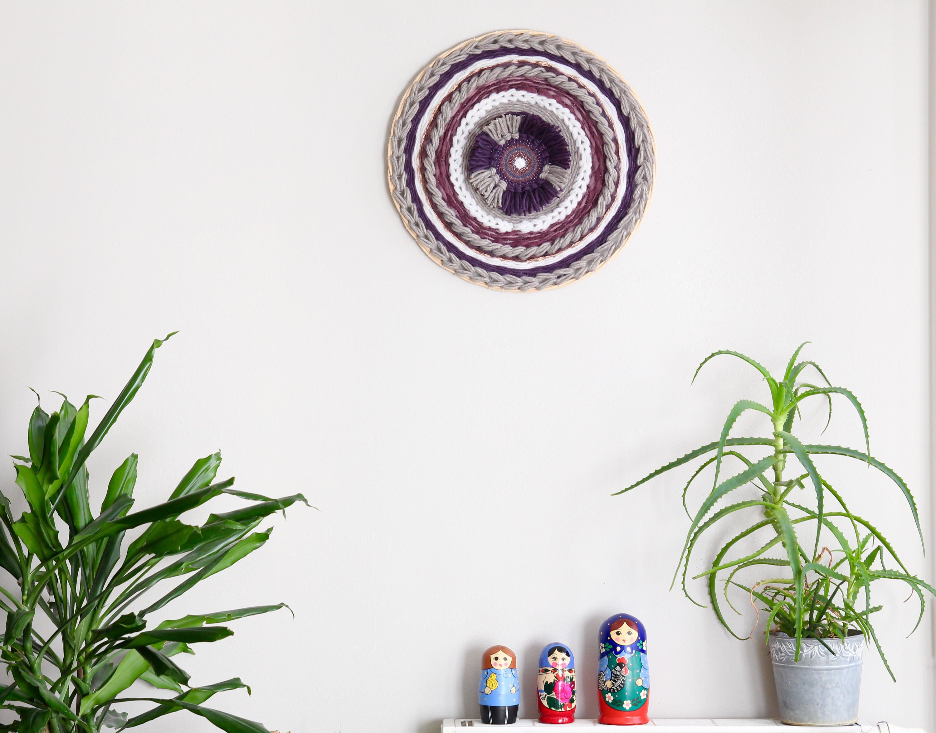 Tissage Mural Circulaire/Attrape Rêves Wall Hanging Décoration Murale - Laine Gris, Violet, Violine,