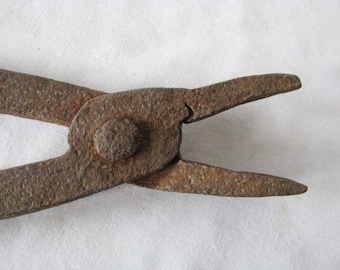 Antique Cast Iron Hand Forged Blacksmith Fire Plyer Tongs.