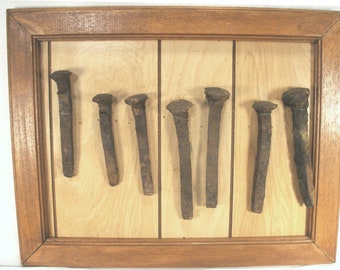 Antique Railroad Spikes In Framed Display