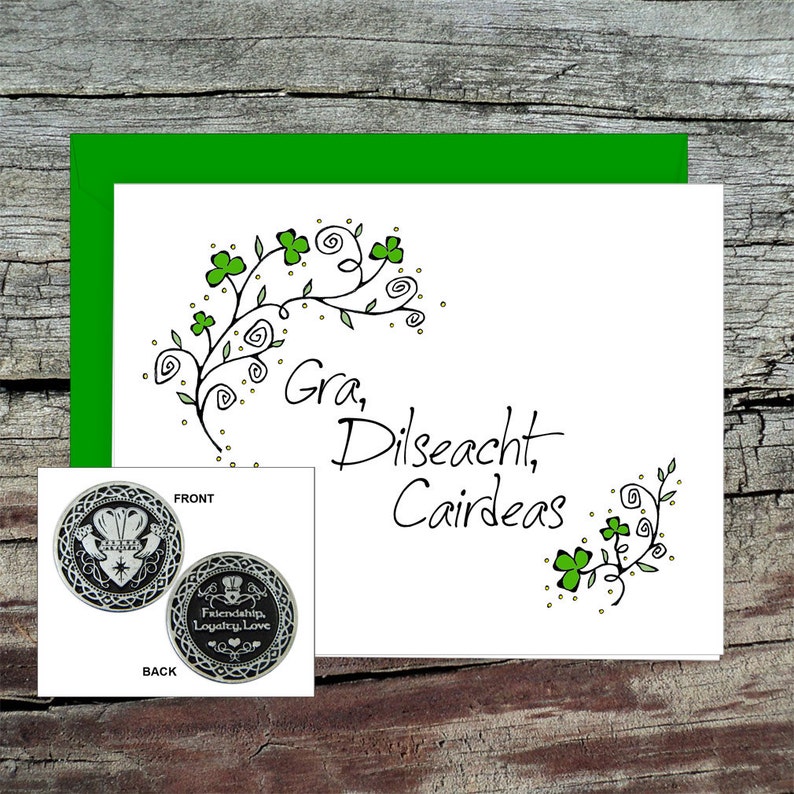 Claddagh Greeting Card With Gift Token, English or Irish Gaelic, Pewter ...