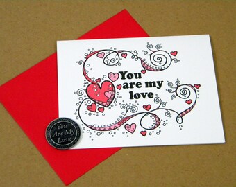 Zentangle You Are My Love, Handmade Greeting Card with Gift Token,  Matching Envelope, Pewter Pocket Token