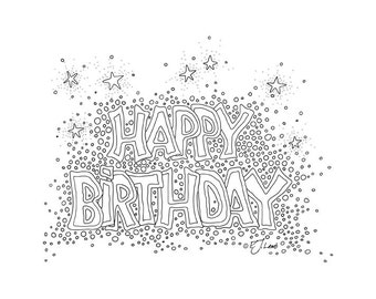 Zentangle Happy Birthday, Black and White Graphic Word Art Print, Reproduced from Original Pencil Drawing