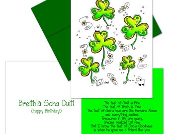 Irish Birthday Card, Friendship Card, Claddagh Token, Zentangle Shamrocks, Irish Gaelic