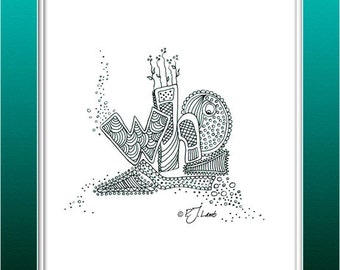 Zentangle Who, Black and White Graphic Word Art Print, Reproduced from Original Pencil Drawing