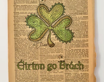 Eirinn go Brach with Shamrock, Old Book Page Print