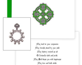 Celtic Cross Handmade Greeting Card Gift Package, Pewter Finish Celtic Cross Finger Rosary
