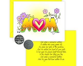 Zentangle Mother's Day Card, Pewter Finish Pocket Token, Mom Card, Colorful Graphics