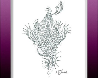 Zentangle W, Black and White Graphic Art Print, Reproduced from Original Pencil Drawing