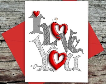 Zentangle I Love You Greeting Card with Envelope, Optional Pewter Pocket Token, Original Drawing