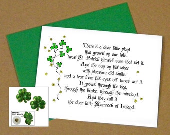 Shamrocks of Ireland Handmade Greeting Card Gift Package, Glittering Green and Gold Shamrock Post Earrings