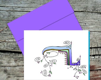 Letter L Monogram Note Card with Assorted Color Lining & Envelopes, Set of 5, Inside Blank, Original Zentangle Drawing