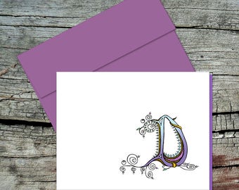 Handmade Monogram Note Card with Matching Color Envelope, Set of 5, Original Drawing, Inside Blank, Light Purple Lining, Zentangle
