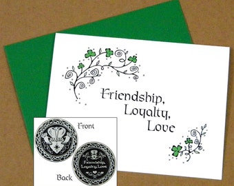 Claddagh Greeting Card with Gift Token, English or Irish Gaelic, Pewter Pocket Token