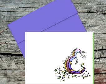 Letter E Monogram Note Card with Assorted Color Lining & Envelopes, Set of 5, Inside Blank, Original Zentangle Drawing