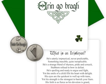 Erin Go Bragh Handmade Greeting Card with Irish Pewter Finish Pocket Token, Ireland Forever