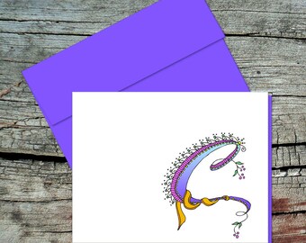 Letter C Monogram Note Card with Assorted Color Lining & Envelopes, Set of 5, Inside Blank, Original Zentangle Drawing