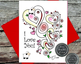 Zentangle I Love You Greeting Card with Envelope, Optional Pewter Pocket Token, Stylized Hearts