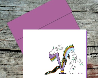 Letter V Monogram Note Card with Matching Color Envelope, Set of 5, Original Drawing, Inside Blank, Light Purple Lining, Zentangle