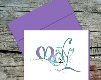 Handmade Mary Note Card with Matching Color Envelope, Set of 6, Original Drawing, Inside Blank, Light Purple Lining, Zentangle