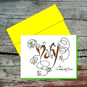 Handmade Mary Note Card with Bright Yellow Envelope, Set of 6, Original Drawing, Inside Blank, Lime Green Lining, Zentangle