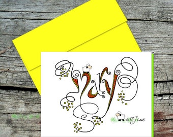 Handmade Mary Note Card with Bright Yellow Envelope, Set of 6, Original Drawing, Inside Blank, Lime Green Lining, Zentangle