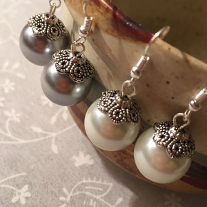 White or Gray 14 mm Pearl Earrings