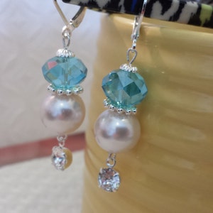 Aquamarine Crystal  Lite Pink Pearl Drop Earrings