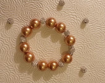 Gold Pearl 14 mm with Pave Balls Rhinestone Bracelet