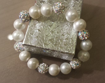White Pearl 10 mm  with Disco balls Rhinestone bracelet