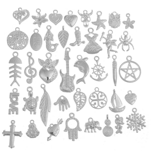 Mixed Assorted White Silver Small Charms and Pendants, Shiny Silver Finish, Metal Charm Beads for Jewelry Making, 40 Designs as the picture