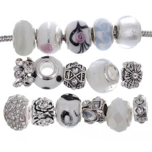 RUBYCA 15pcs Mixed Lot White Charm Beads // Murano Glass Charms and Crystal Tibetan Beads // fit European Charm Bracelet for Jewelry Making